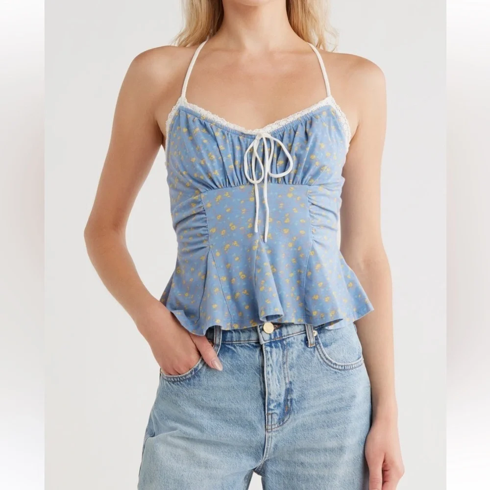 134. Free People Women’s Blue and Yellow Floral Camisole NWT Size Medium